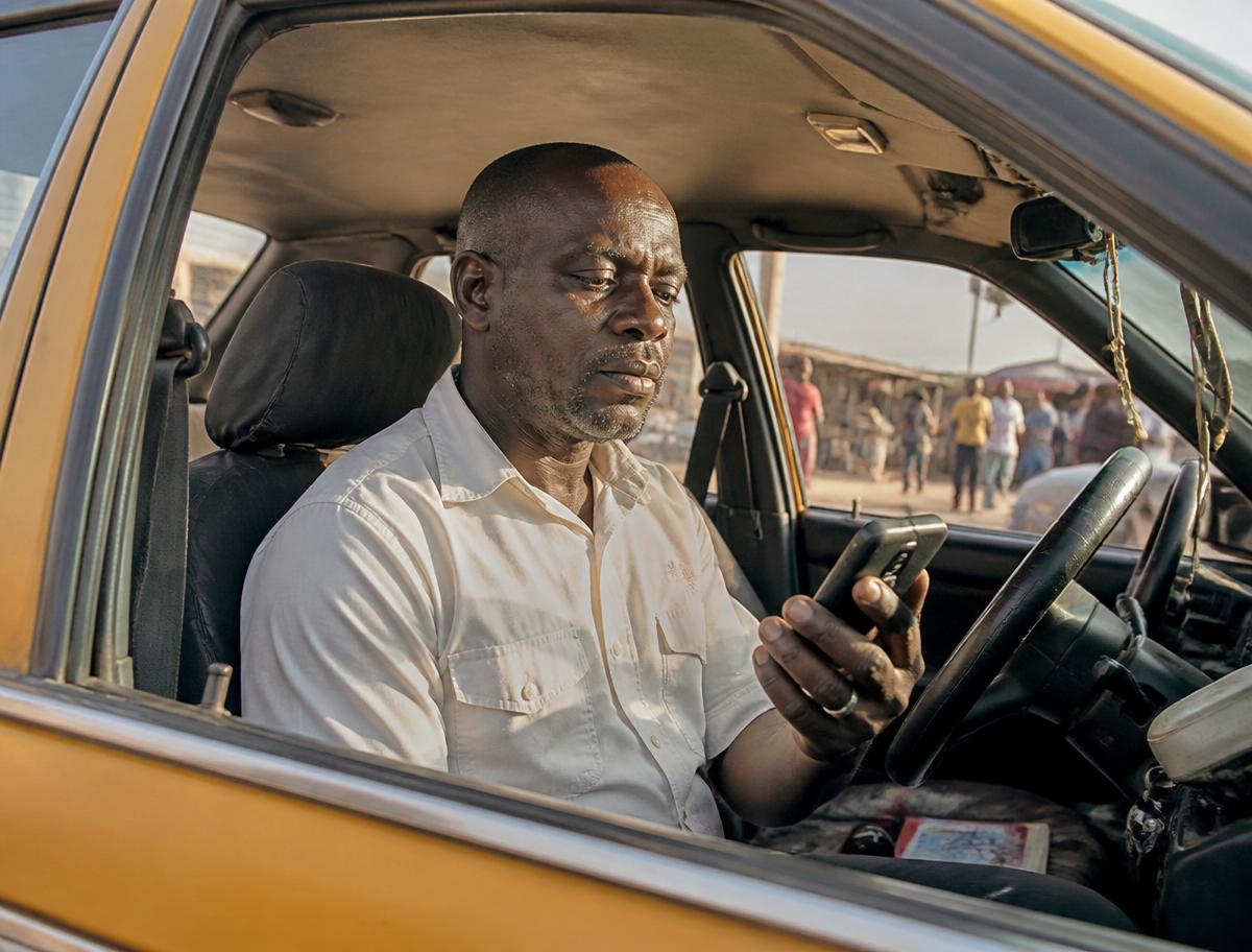 Driver checking his phone between trips on a busy African city street