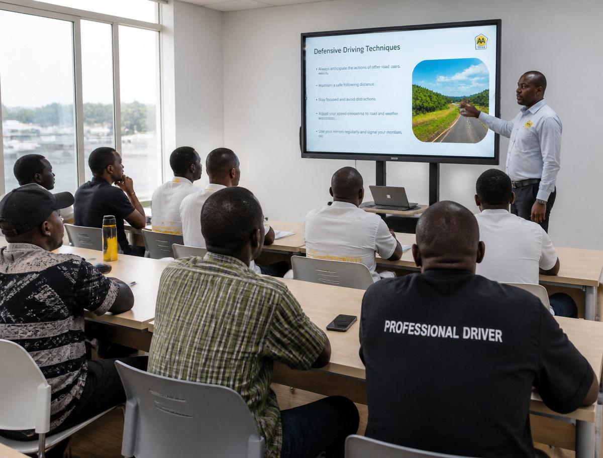Group of professional drivers in a bright training session